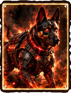 Cão de Guerra, skin lendária de cão do Passe Premium, coleira e olhos em brasa.