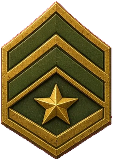 Divisa de patente do jogo: chevrons dourados e estrela sobre placa verde.