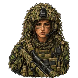 Sombra, batedora da Garra, de capuz de ghillie e fuzil.